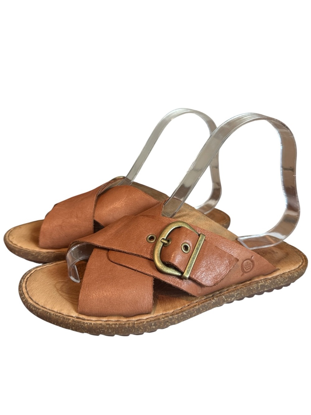 Born Rio Women's Tan Leather Slide Sandals with Side Brass Buckle Size 7M